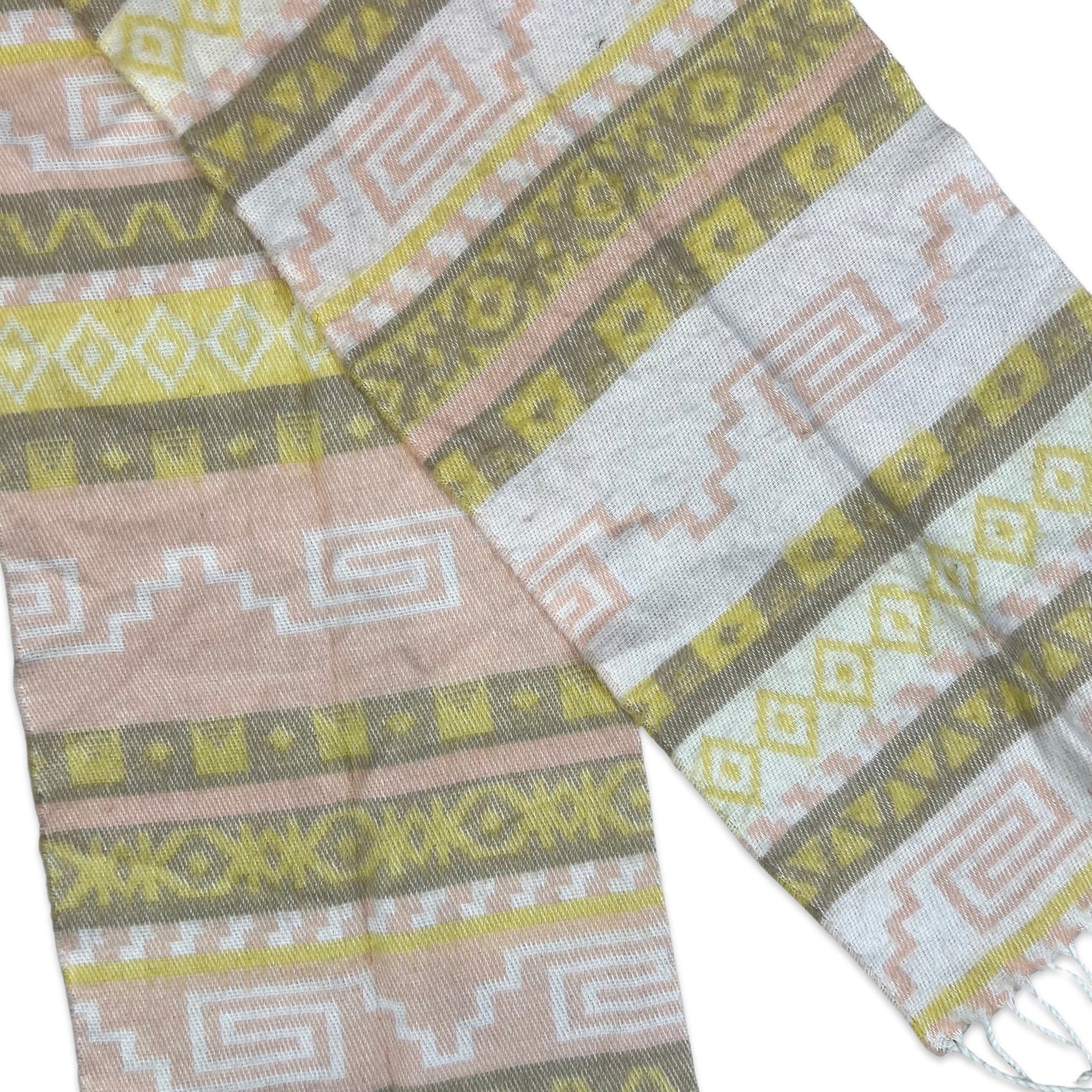 Vintage Pattern Knit Scarf White Yellow Pink Brown