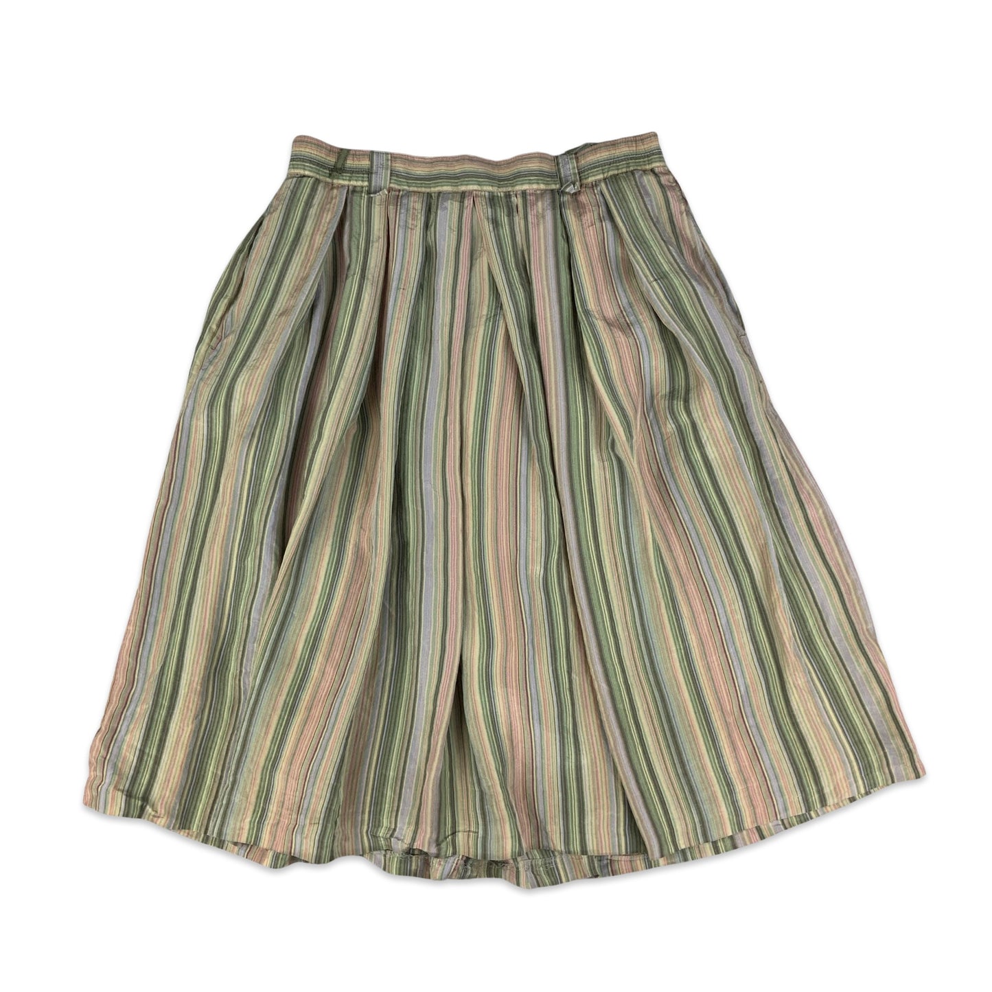 Vintage Green & Pink Striped Pleated Midi Skirt 14