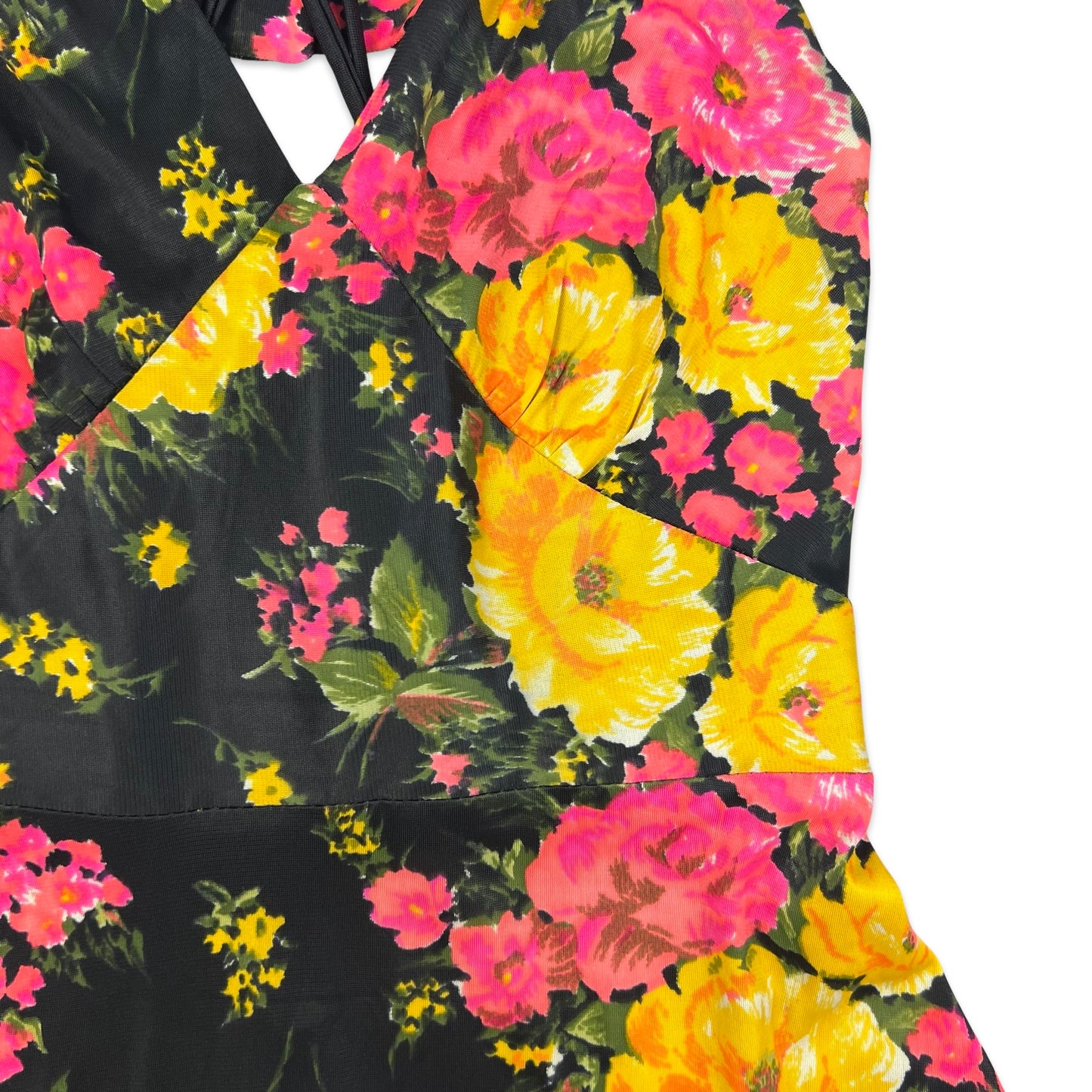 Vintage 70s Midi Floral Print Dress Black Pink Yellow 6 8