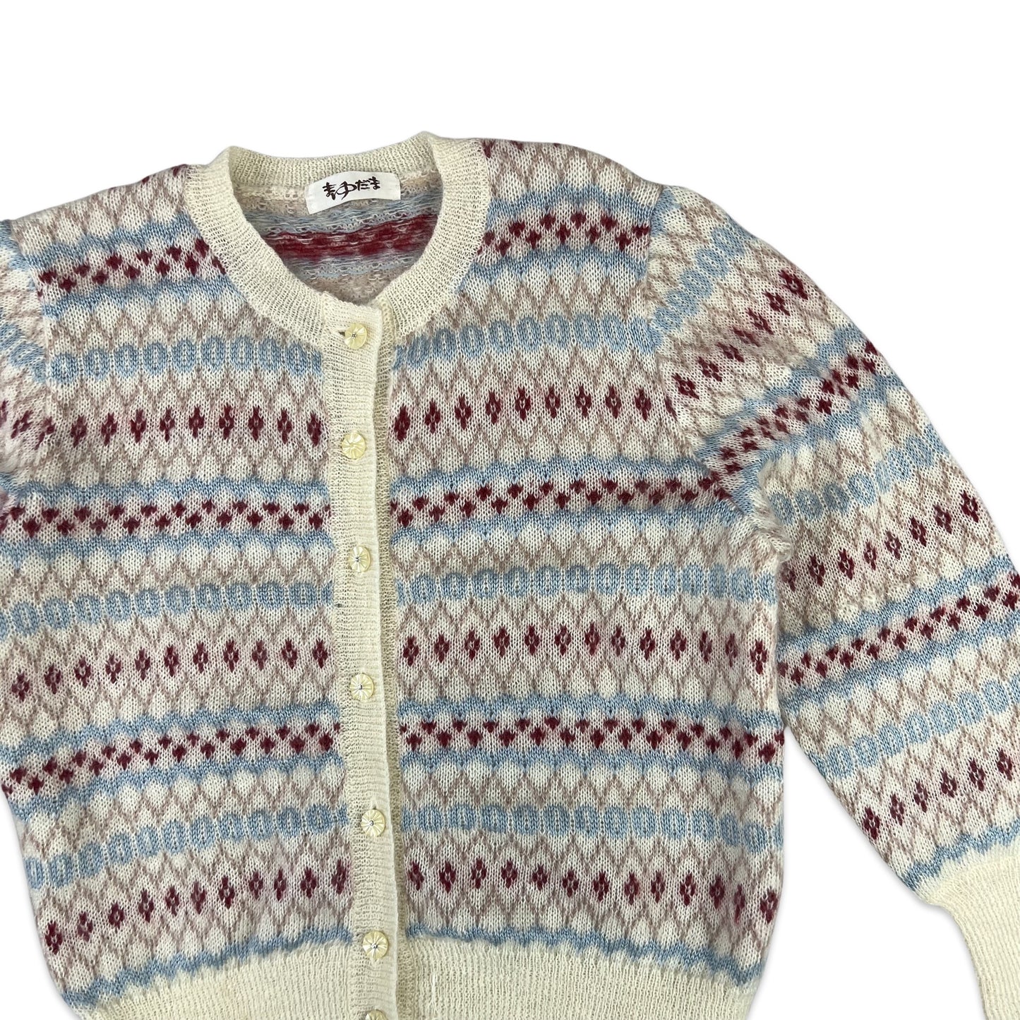 Vintage Mohair Fair Isle Cardigan White Blue Pink 10 12 14