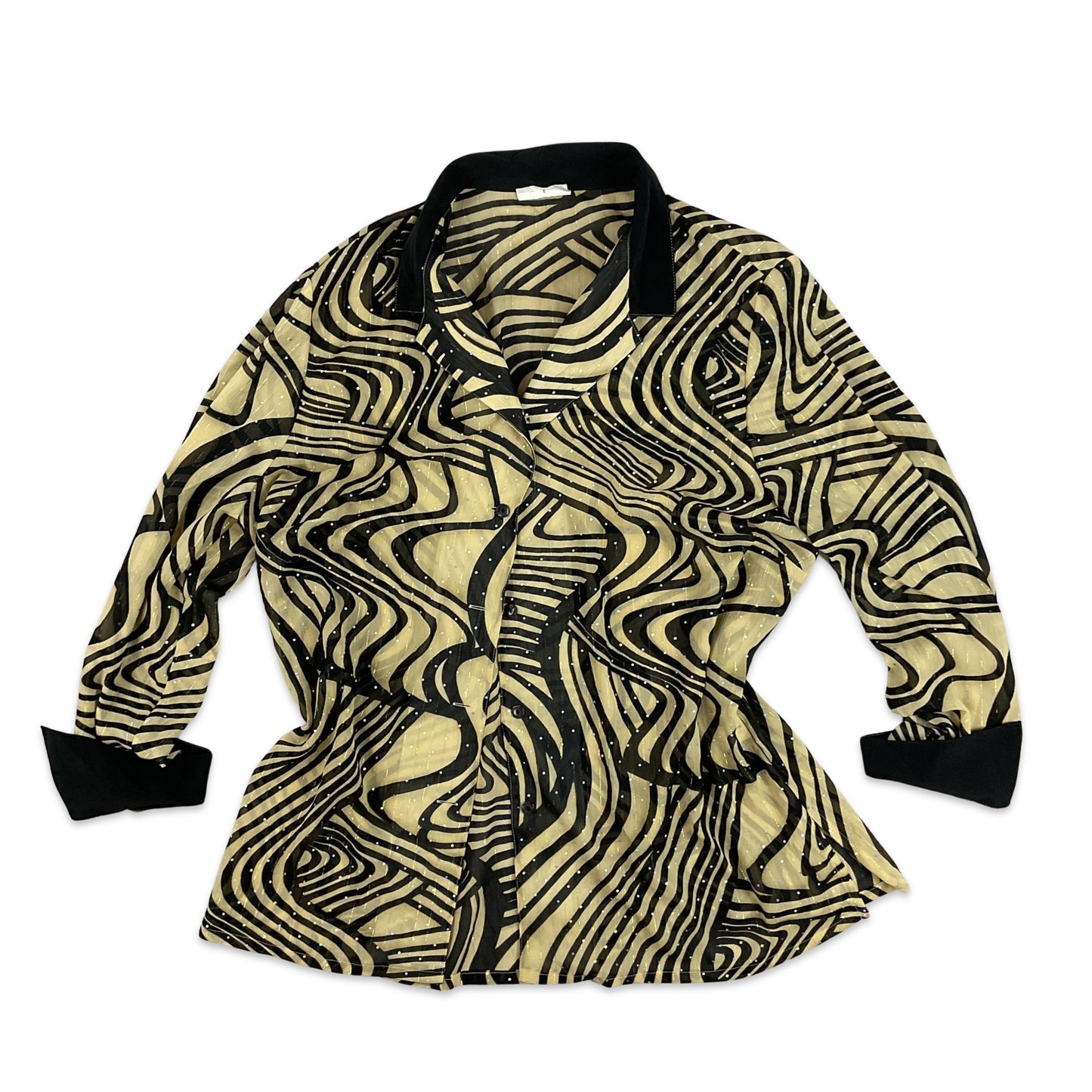 Vintage Y2K Trippy Pattern Collared Metallic Gold Black Blouse 16 18