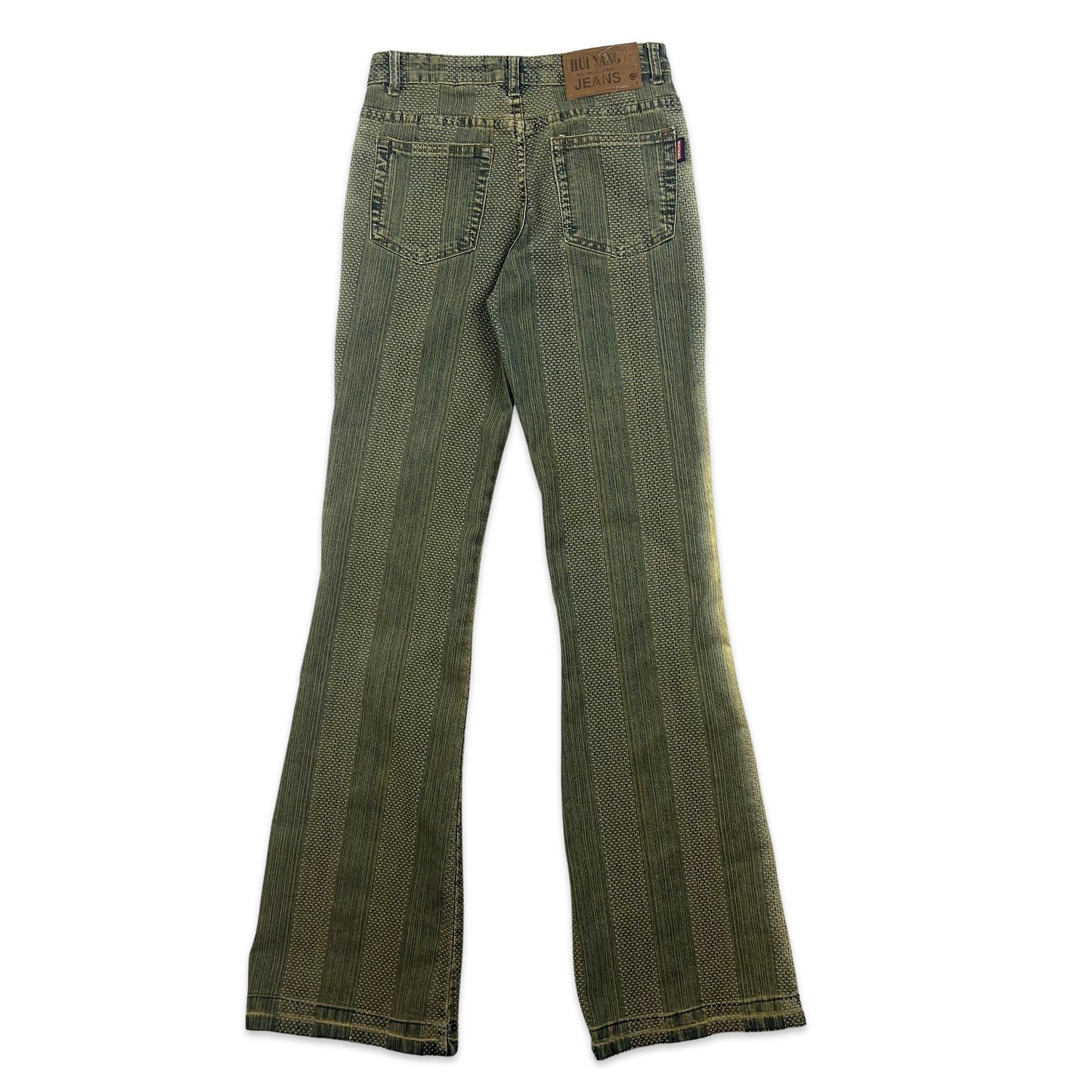 Y2K Vintage Cream Blue Green Textured Flared Jeans 8