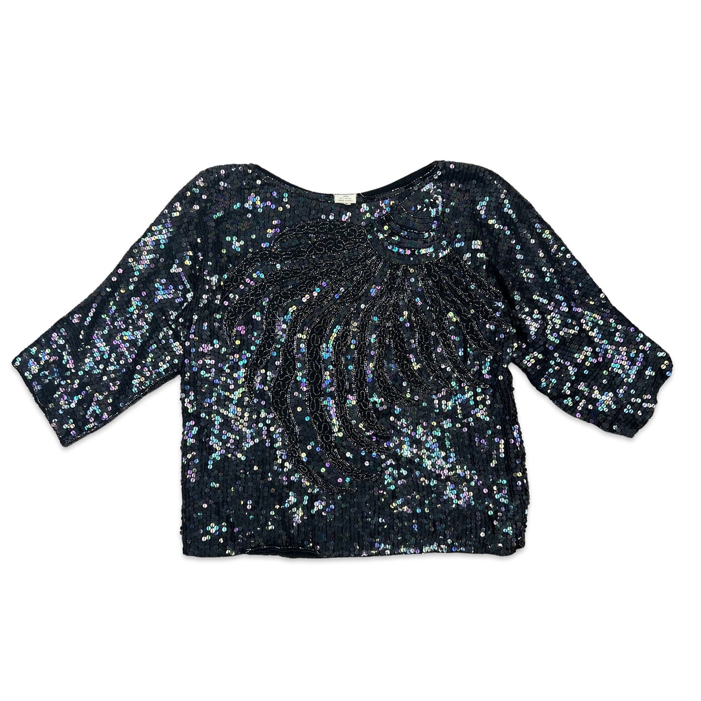 Vintage 80s Sequin Blouse Black Purple 12