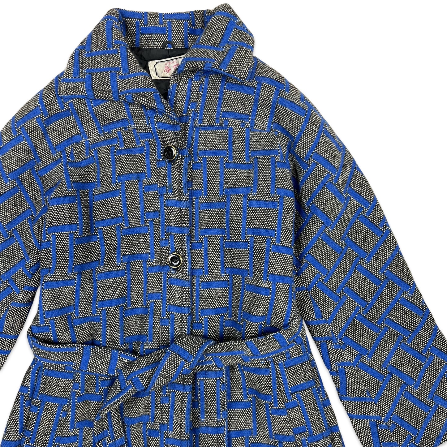 Vintage Wool Midi Coat Geometric Pattern Belted Blue Black Grey 6 8
