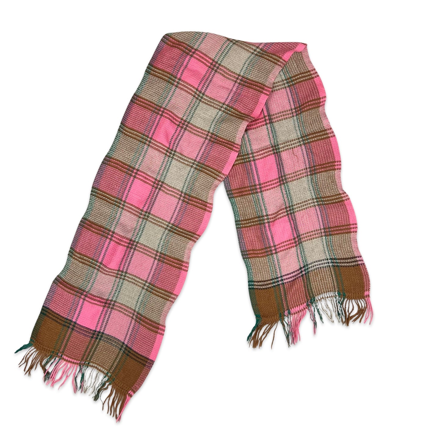 Vintage Plaid Knit Scarf Pink Grey Brown Green