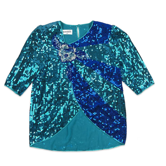 Vintage 80s TURQUOISE BLUE  Boxy Oversized Sequin Blouse Blue 14 16