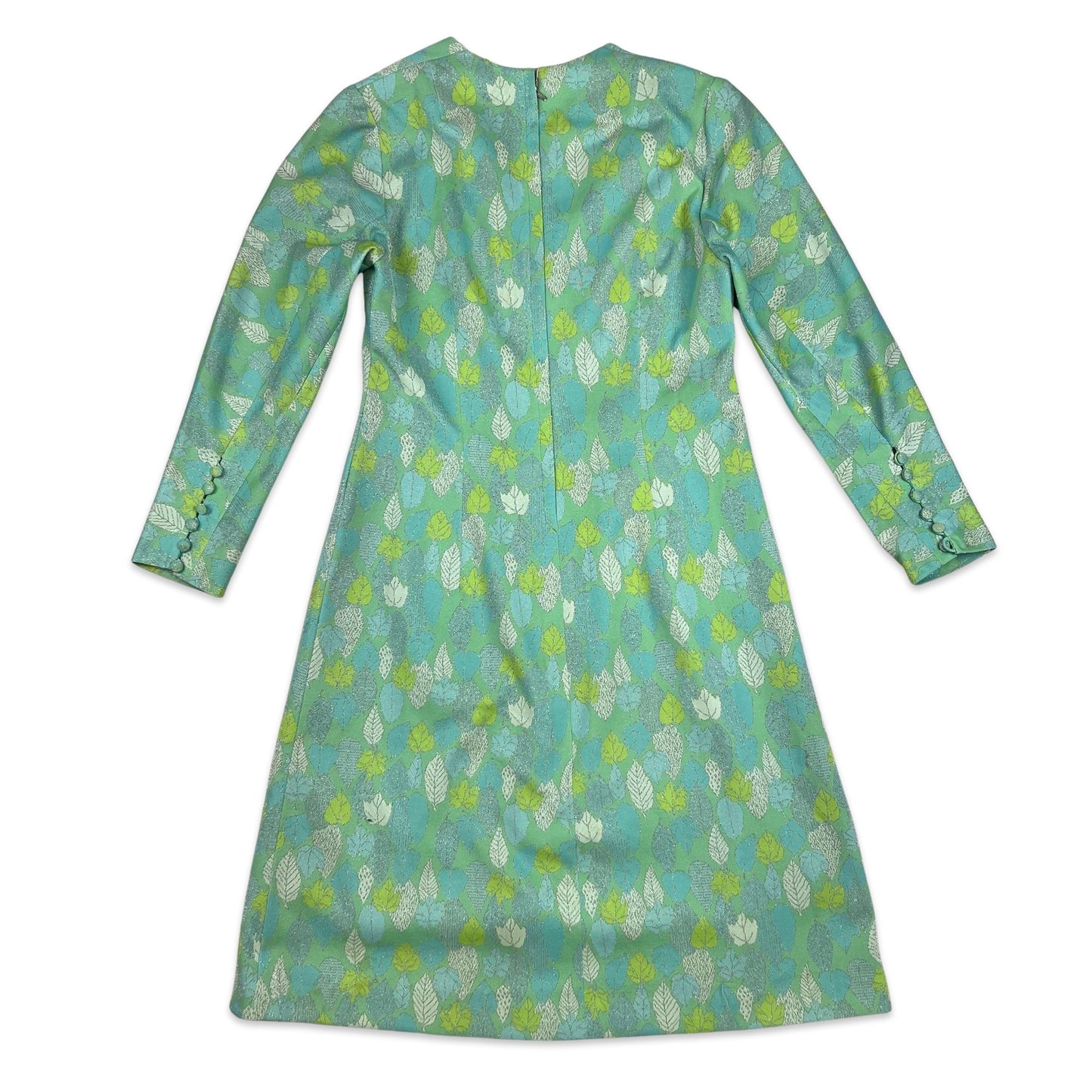 70s Vintage Lurex Leaf Pattern Dress Green Blue 8 10 12