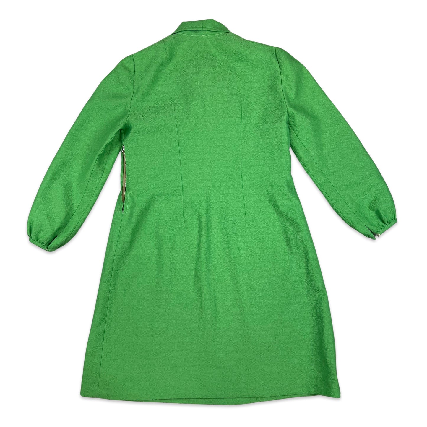 60s 70s Bright Green Vintage Geo Pattern Dagger Collar Shift Dress 10 12 14