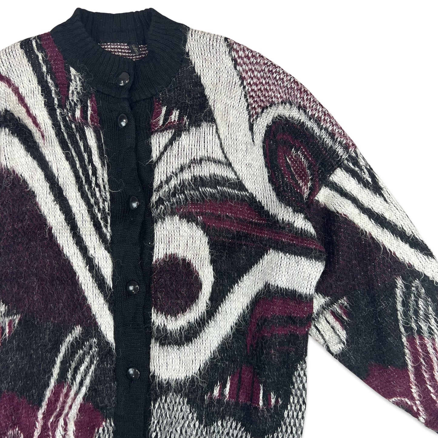 Vintage Abstract Print Mohair Balloon Sleeve Cardigan Purple Black White 14 16 18