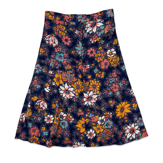 70s Vintage Blue Floral A-Line Midi Skirt 10