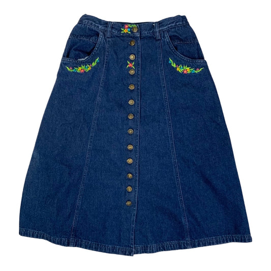 Vintage 80s 90s Embroidered Blue Denim Skirt 10