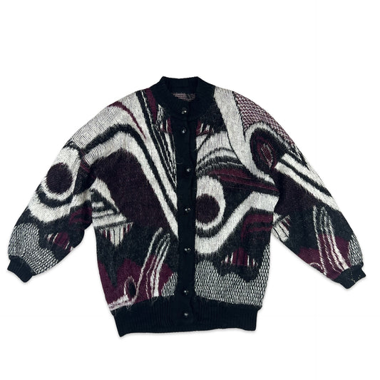 Vintage Abstract Print Mohair Balloon Sleeve Cardigan Purple Black White 14 16 18