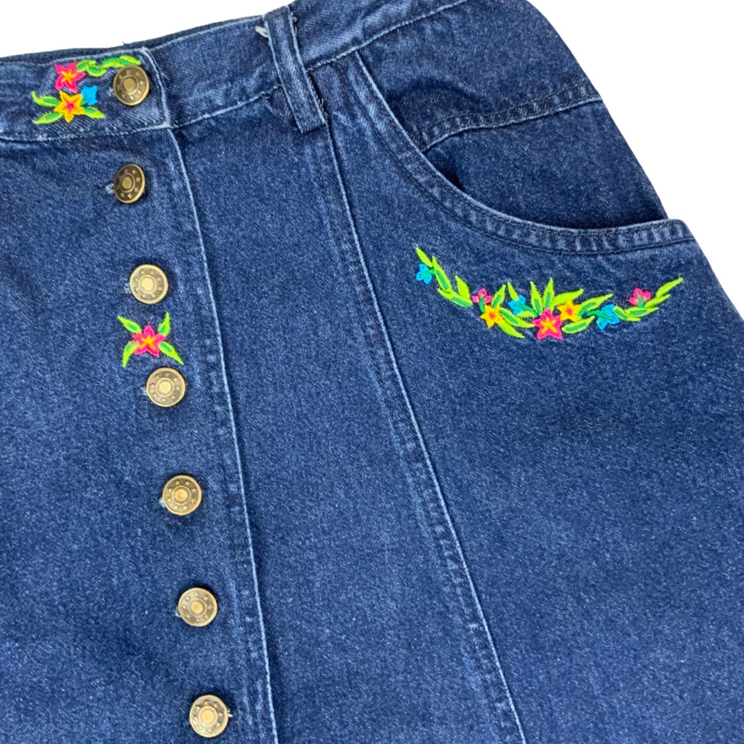 Vintage 80s 90s Embroidered Blue Denim Skirt 10