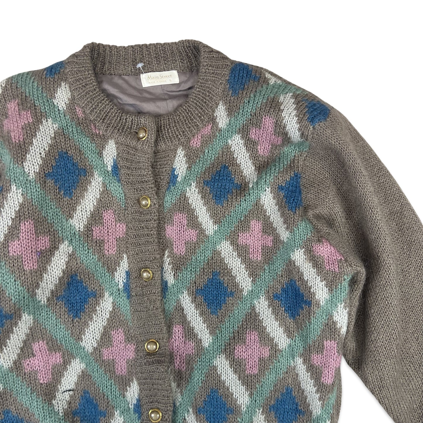 Vintage Mohair Chevron Cardigan Grey Pink Blue 10 12 14