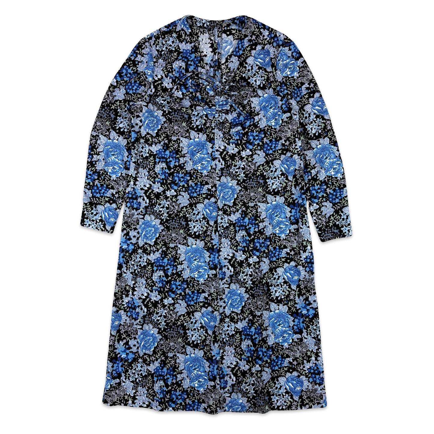 70s Vintage Blue Floral Long Sleeved Midi Occasion Dress 14
