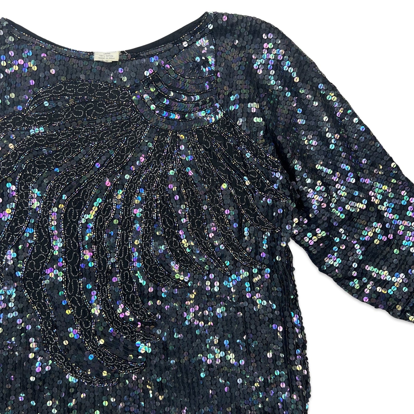 Vintage 80s Sequin Blouse Black Purple 12