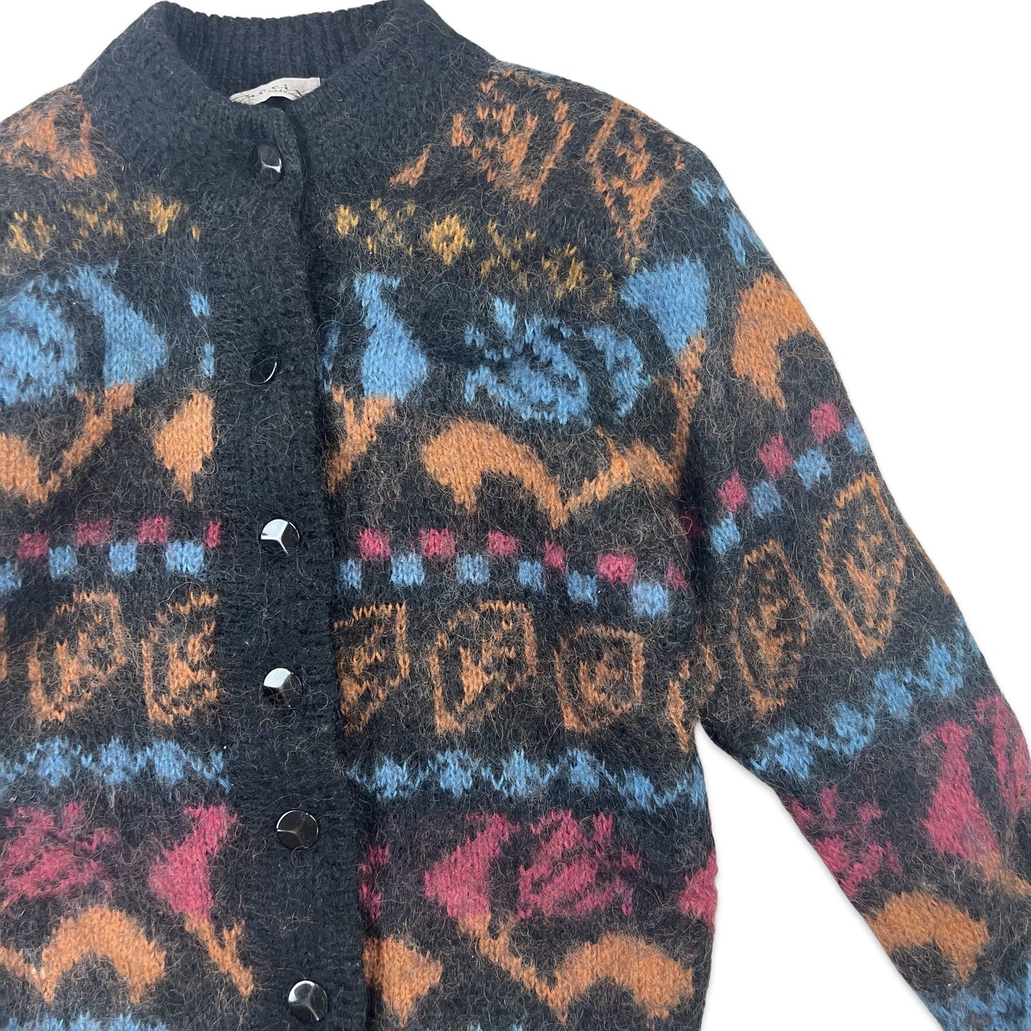 80s Vintage Mohair Cardigan Patterned Black Orange Blue Red 10 12 14