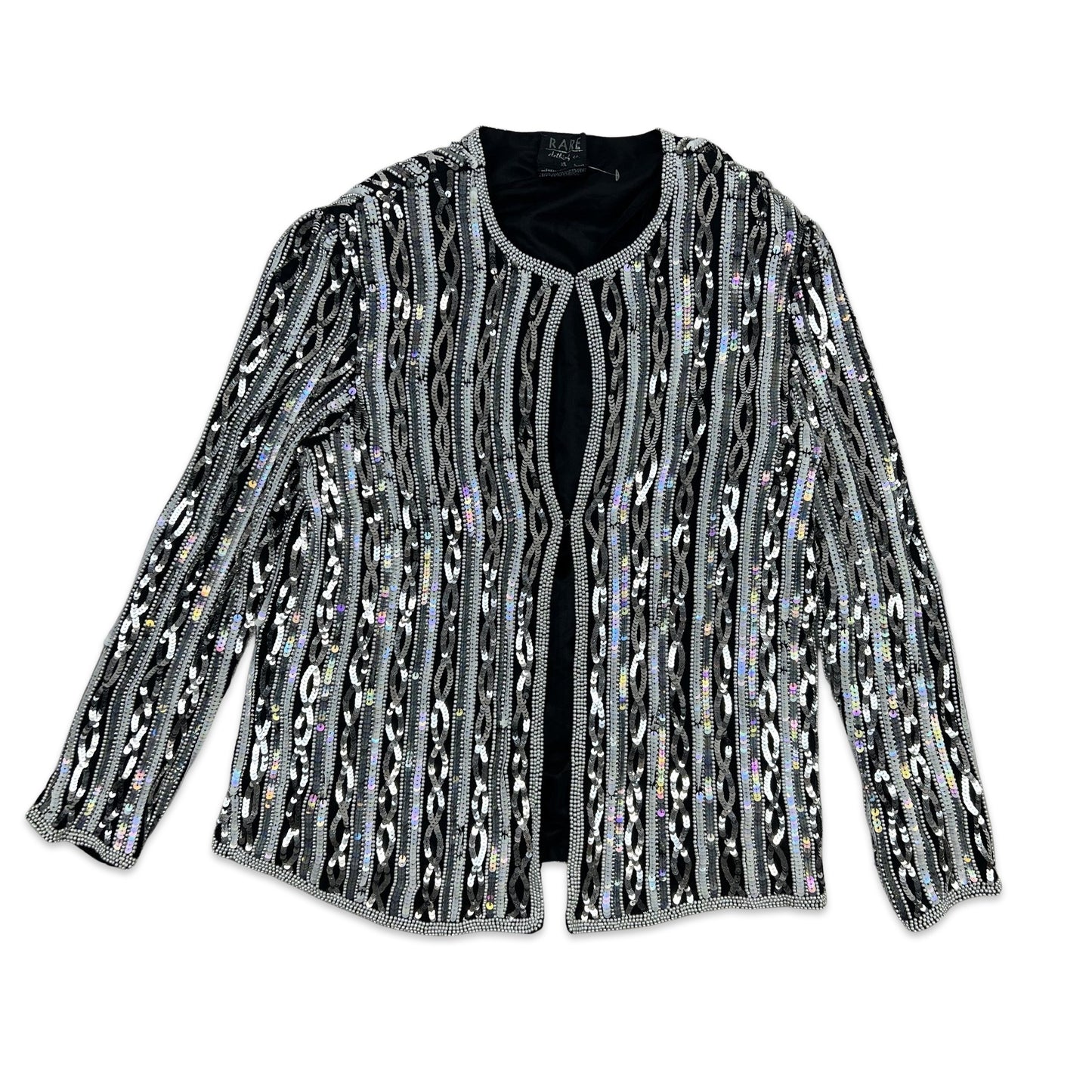 Vintage 80s Sequin Jacket Black Silver 12 14