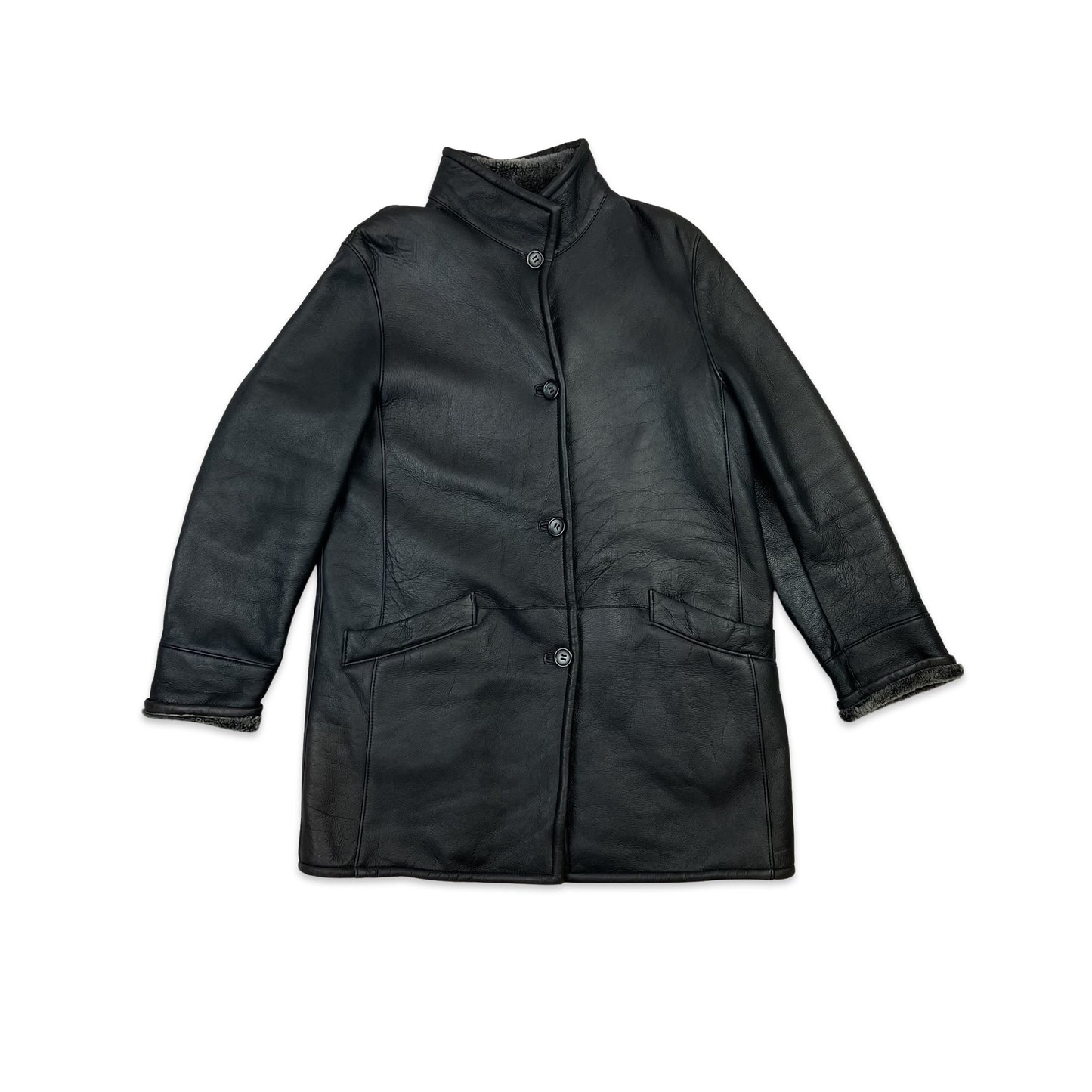 Vintage 90s Y2K Black Leather Shearling Coat 14 16 18