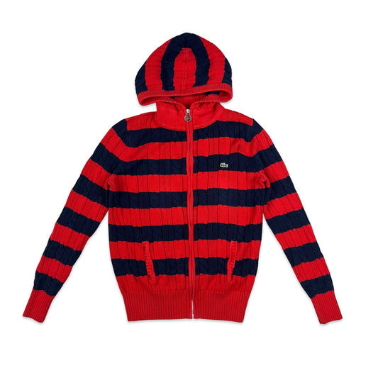 90s Vintage Lacoste Cable Knit Zip Up Jumper Red Navy 10 12 14