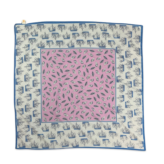 Vintage 80s Pastel Pink Blue White Seaside Print Scarf