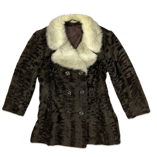 Vintage Brown Faux Fur Double Breasted Coat Shearling White 12 14 16