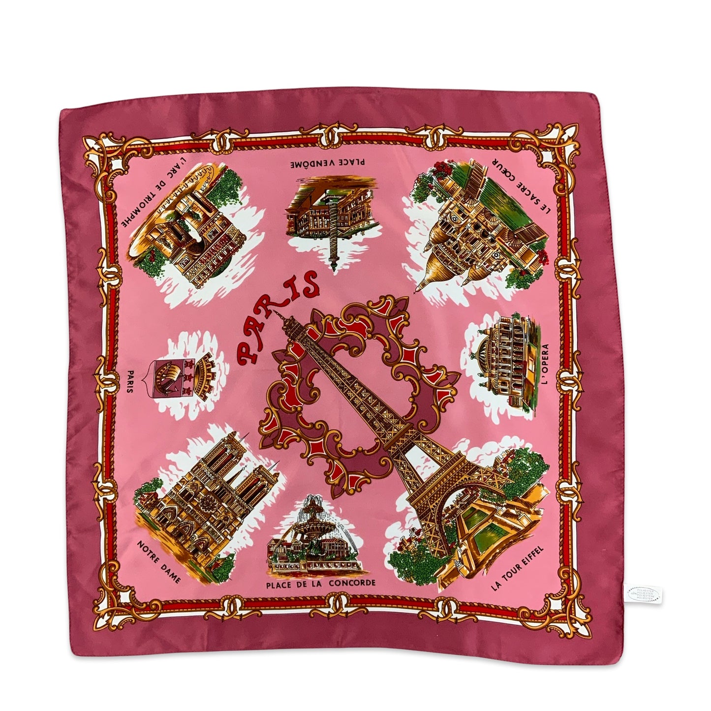 Vintage Pink Red Gold Green Novelty Kitsch Paris Souvenir Scarf