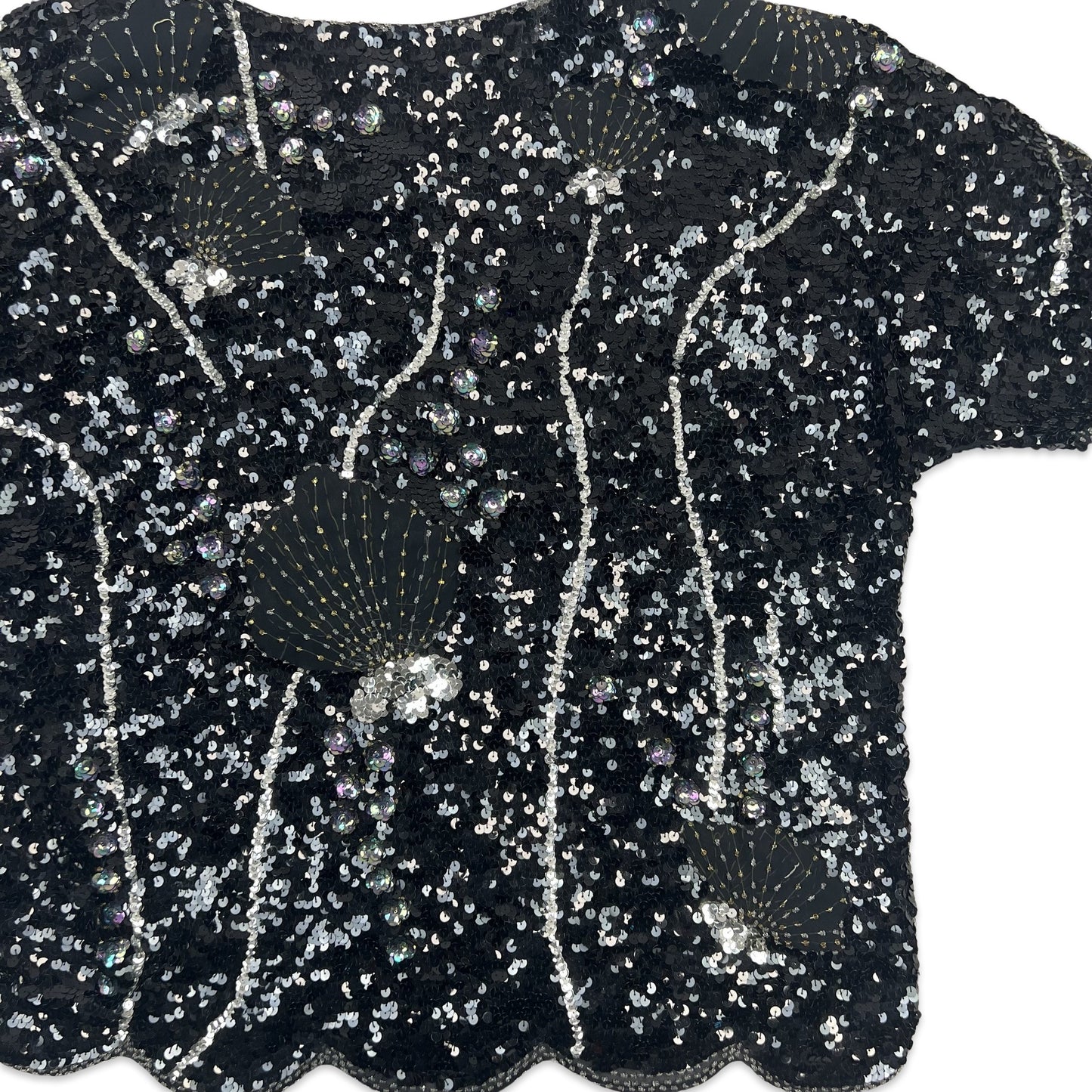 Vintage 80s Boxy Oversized Sequin Blouse Black Silver Gold 14 16