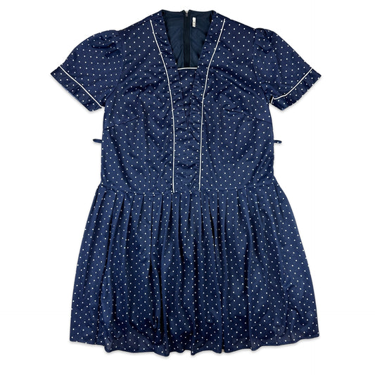 80s Vintage Navy Polka Dot Dress 18