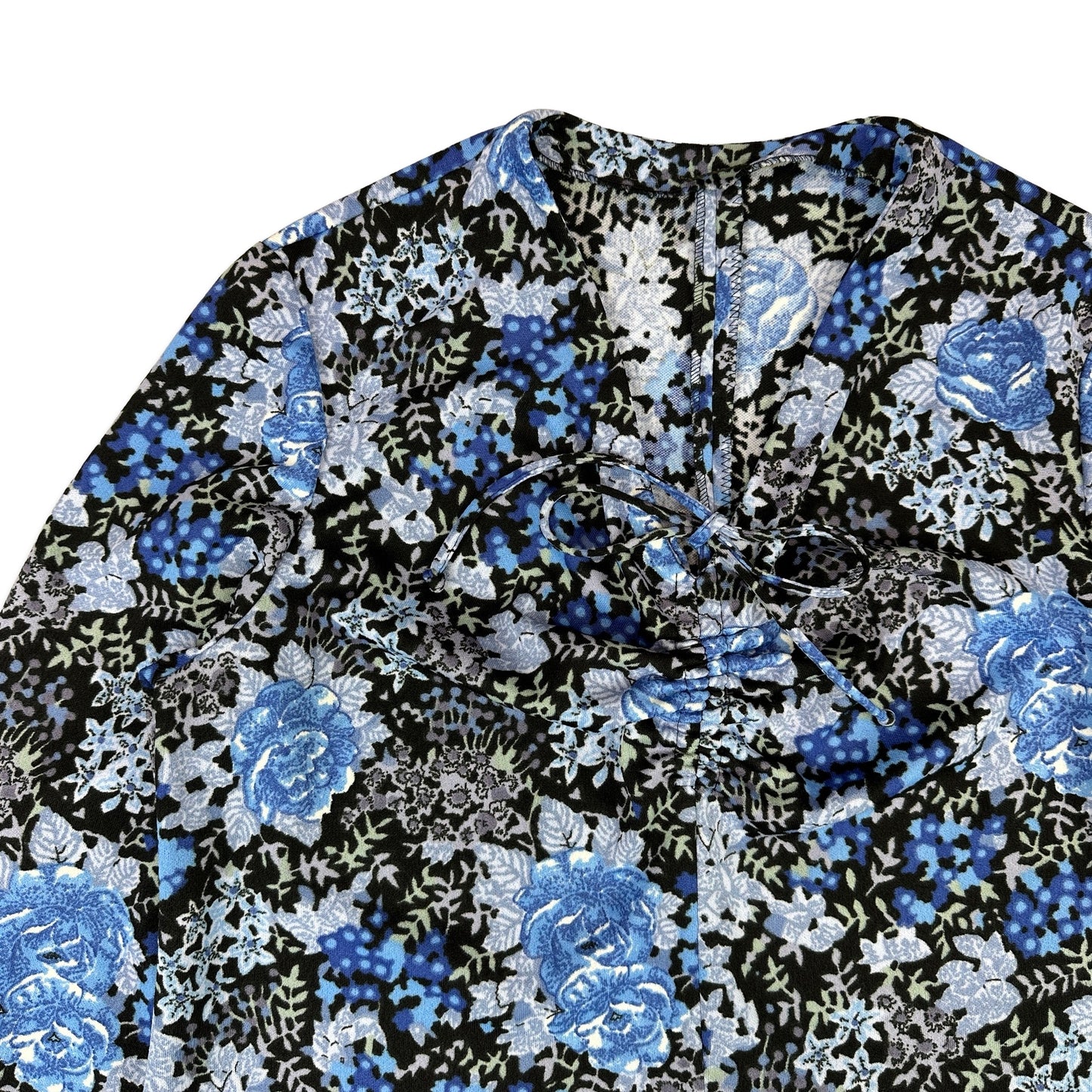 70s Vintage Blue Floral Long Sleeved Midi Occasion Dress 14