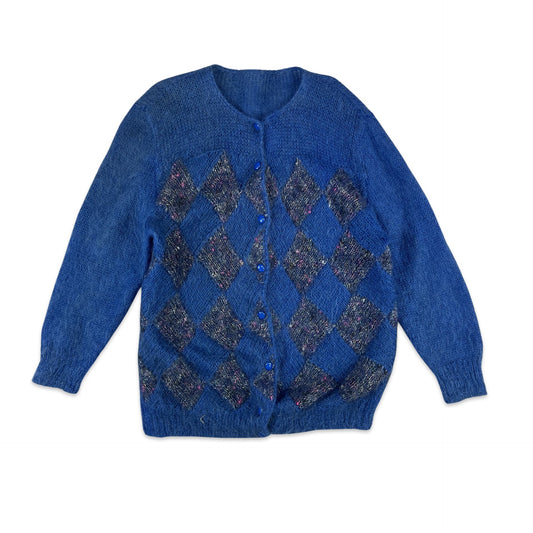 Vintage Mohair Cardigan Diamond Appliqué Cobalt Blue Pink 14 16 18