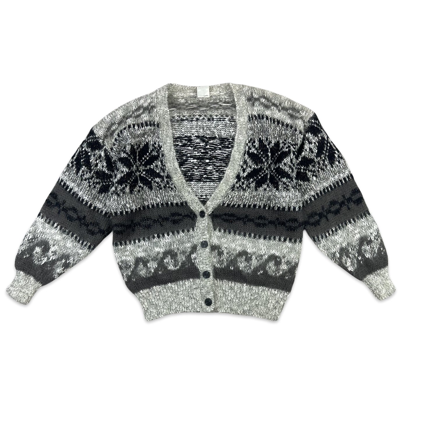 Vintage Mohair Cardigan Fair Isle Grey Black White 12 14 16