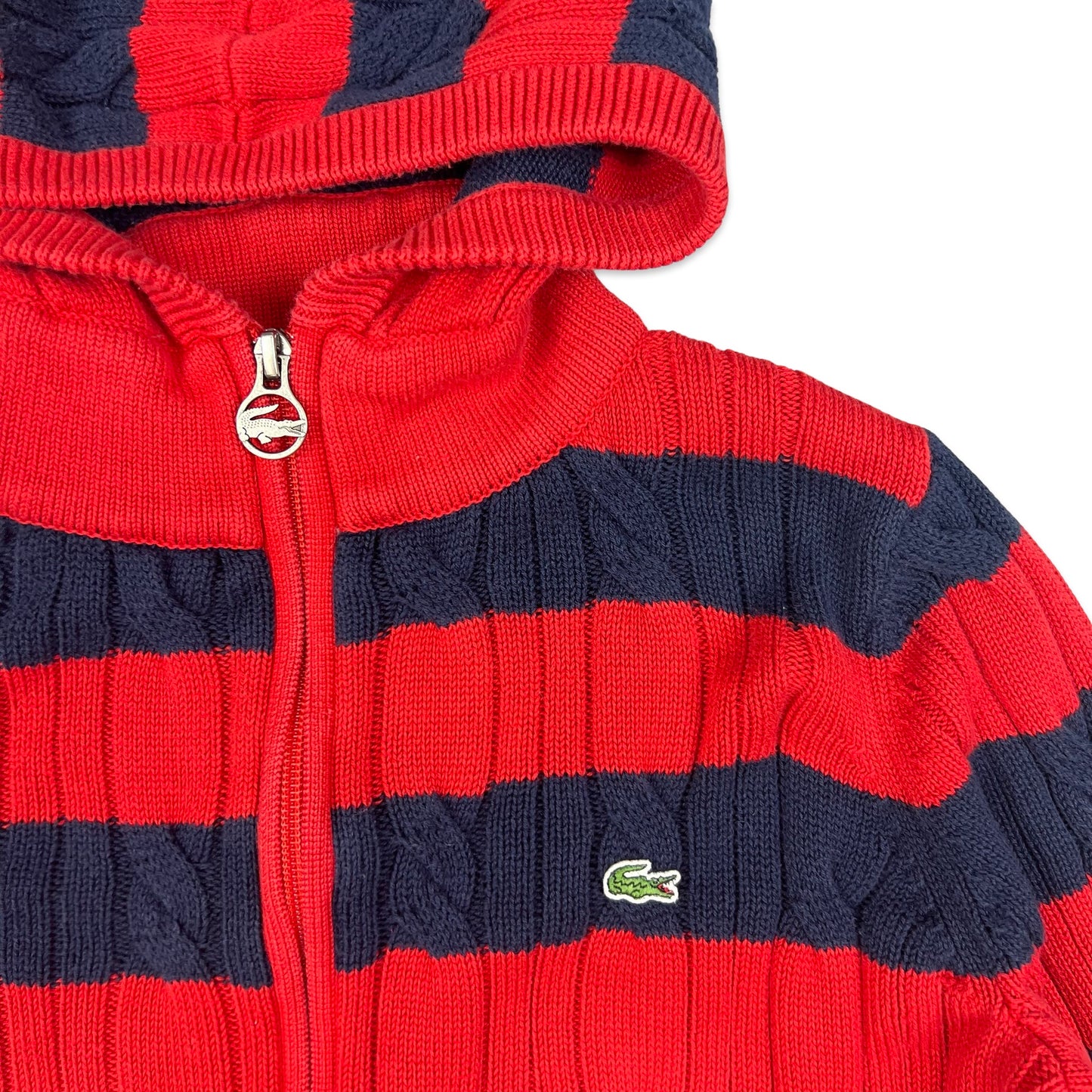 90s Vintage Lacoste Cable Knit Zip Up Jumper Red Navy 10 12 14