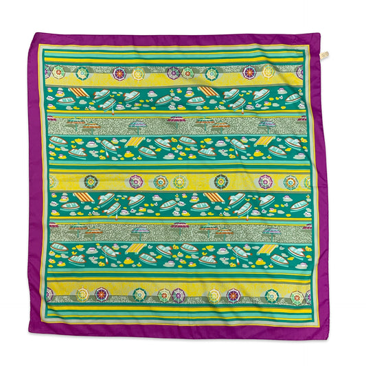 Vintage Teal Yellow Purple Seaside Novelty Print Scarf