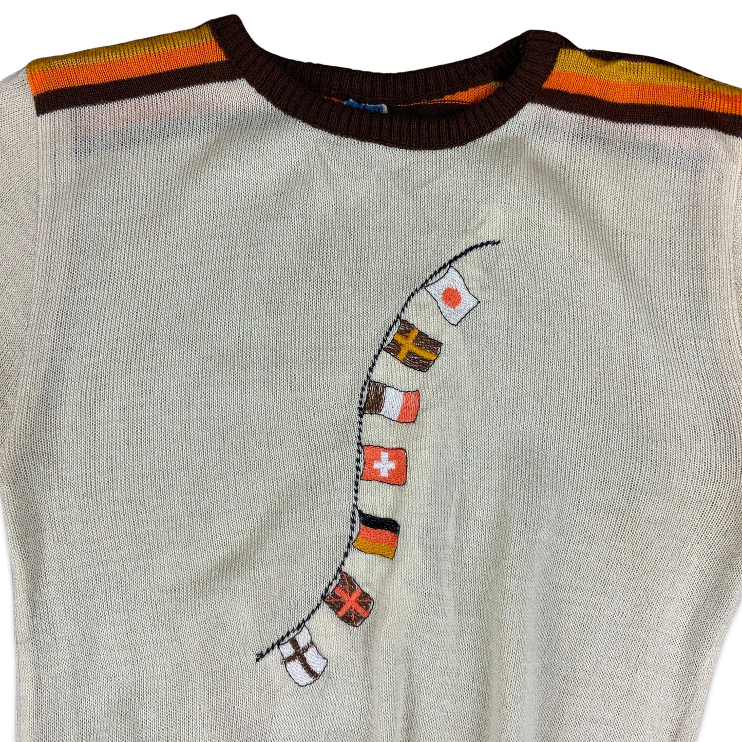 Vintage 70s Cream Brown & Orange Novelty Short Sleeved Jumper 8 10