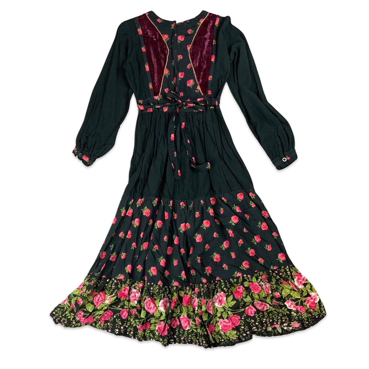 Vintage Black Floral Long Sleeve Maxi Dress 6 8