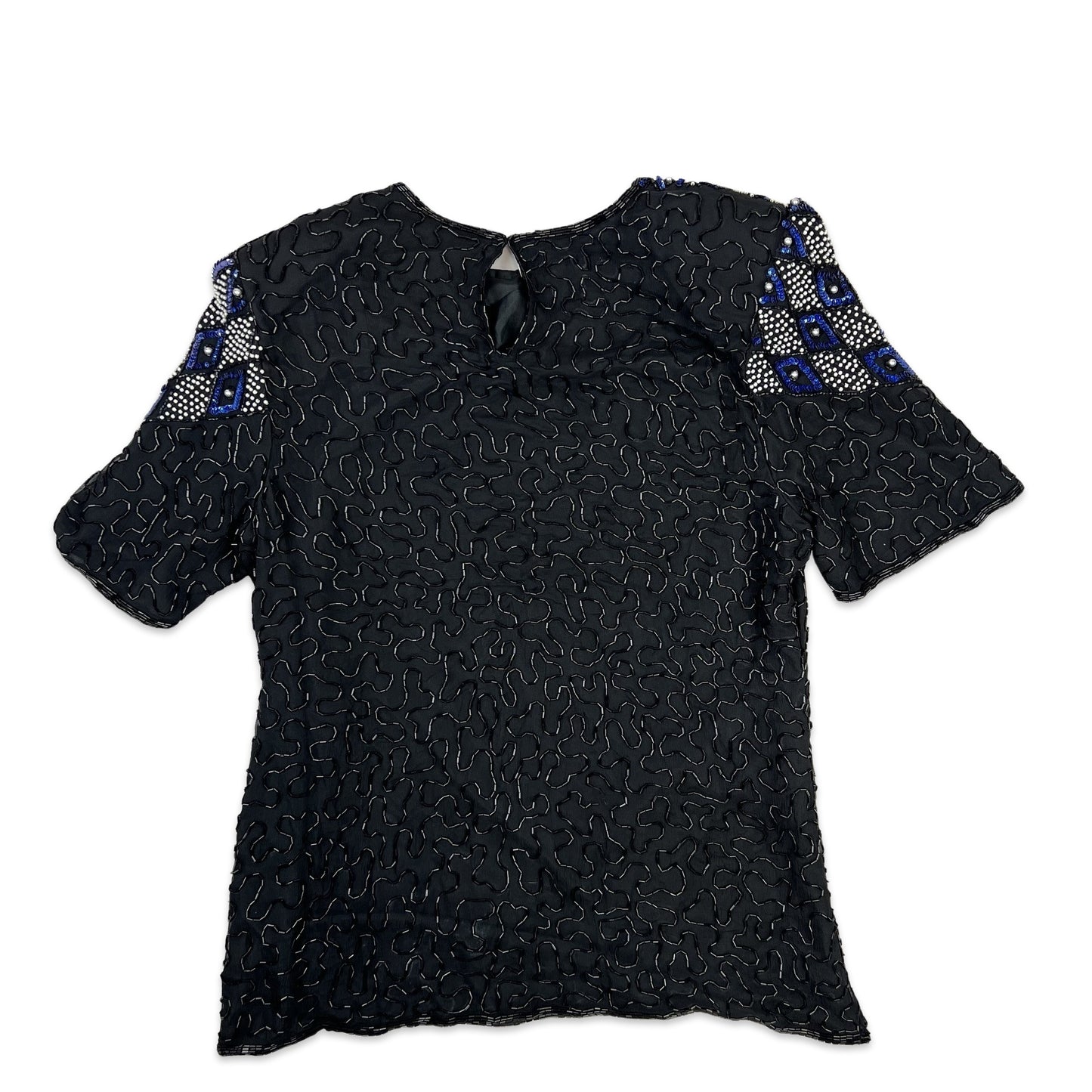 Vintage 80s Boxy Oversized Sequin Blouse Black White Blue 10 12