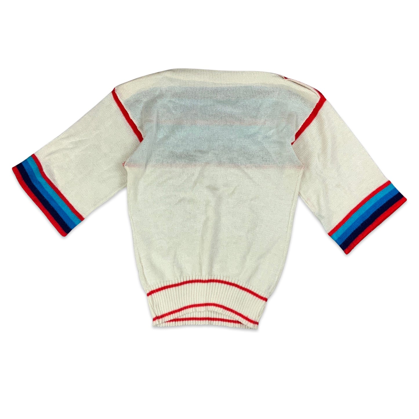 Vintage White Blue & Red Striped Short Sleeved Knitted Jumper 8 10