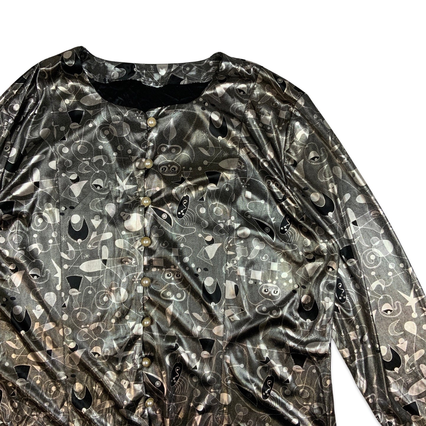 Vintage Black and Silver Abstract Patterned Blouse 16 18 20 22