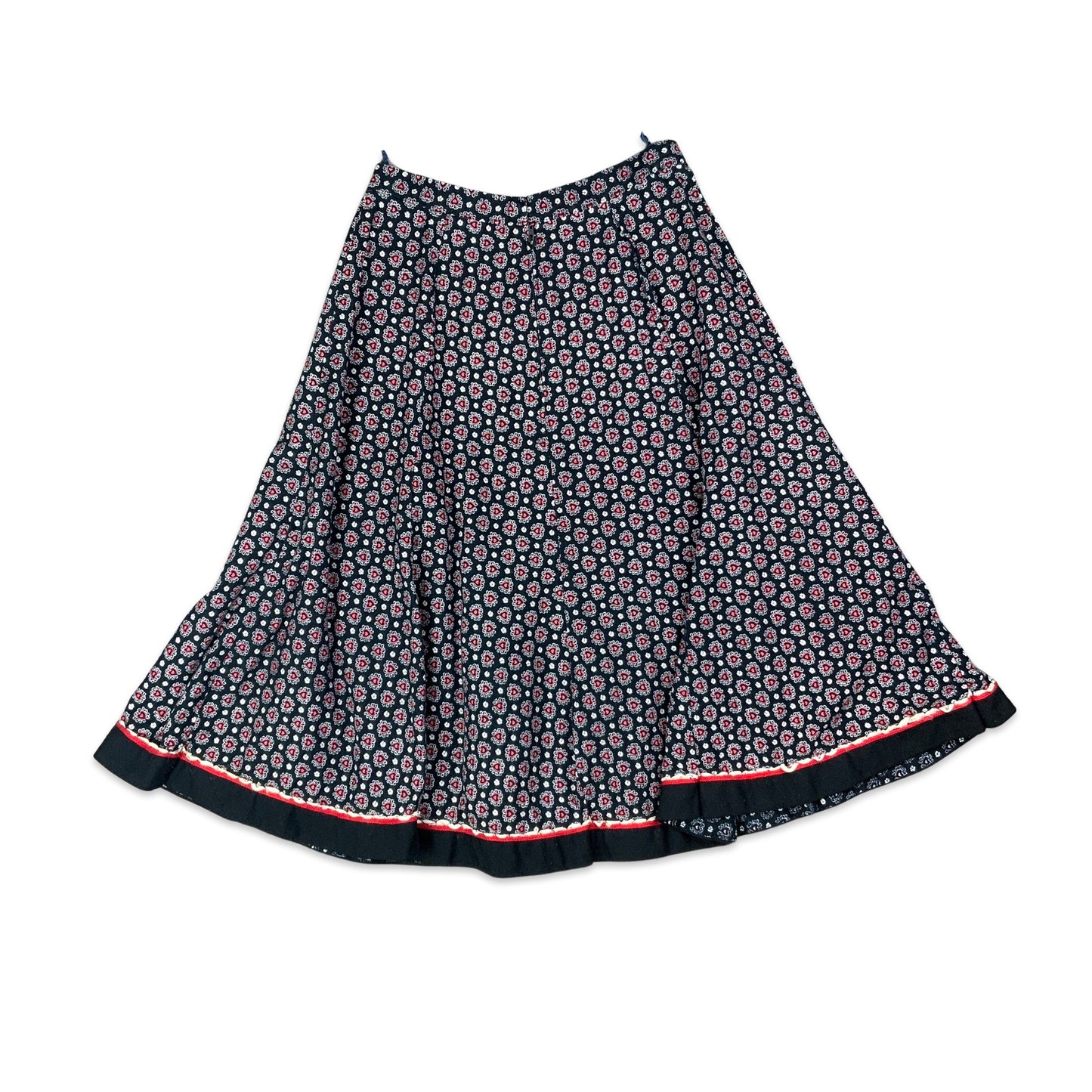 Vintage Black White & Red Floral Print Midi Skirt 6 8