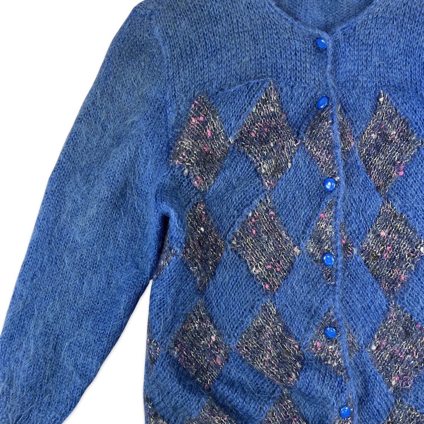 Vintage Mohair Cardigan Diamond Appliqué Cobalt Blue Pink 14 16 18