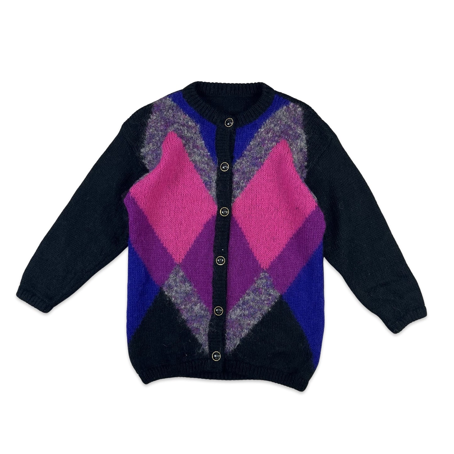 Vintage Mohair Cardigan Argyle Print Black Pink Purple 12 14