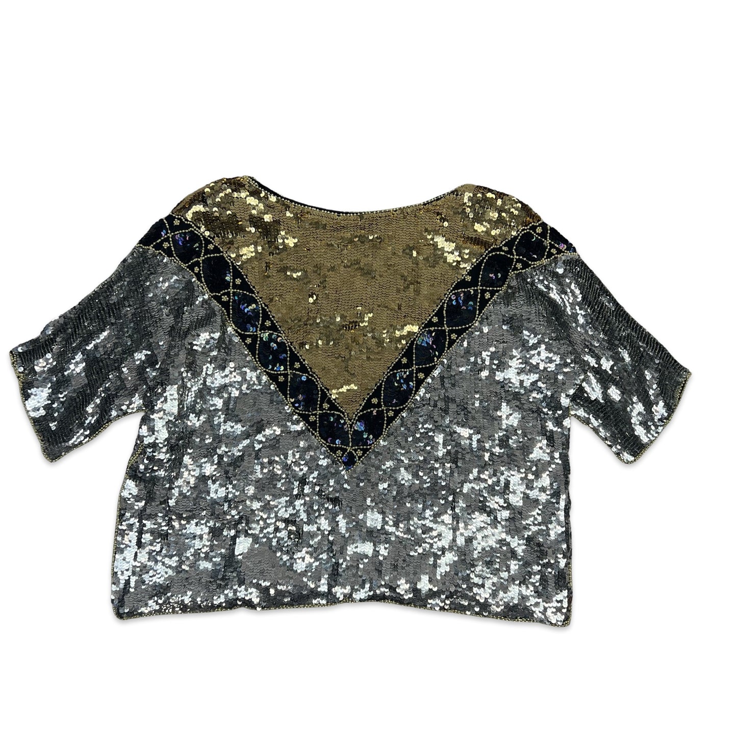 Vintage 80s Boxy Oversized Sequin Blouse Silver Gold Black 16