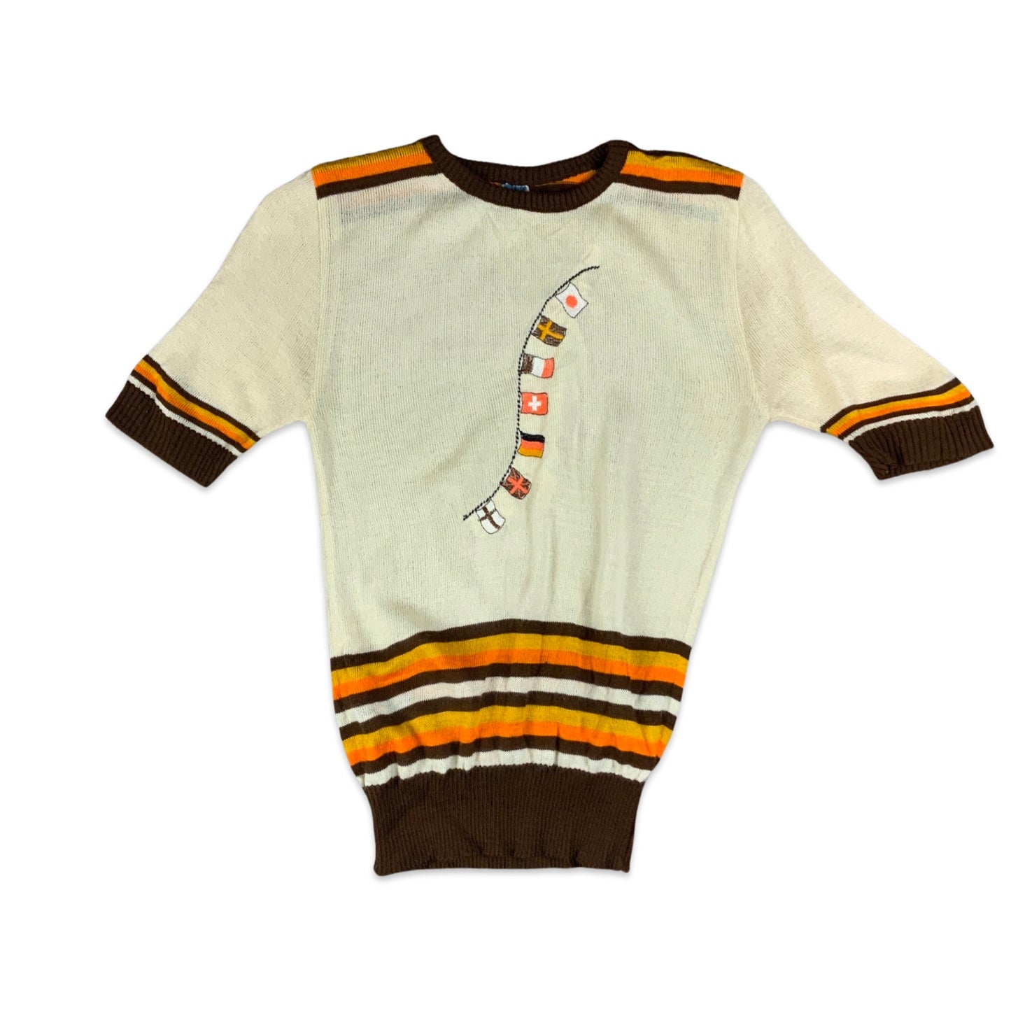 Vintage 70s Cream Brown & Orange Novelty Short Sleeved Jumper 8 10