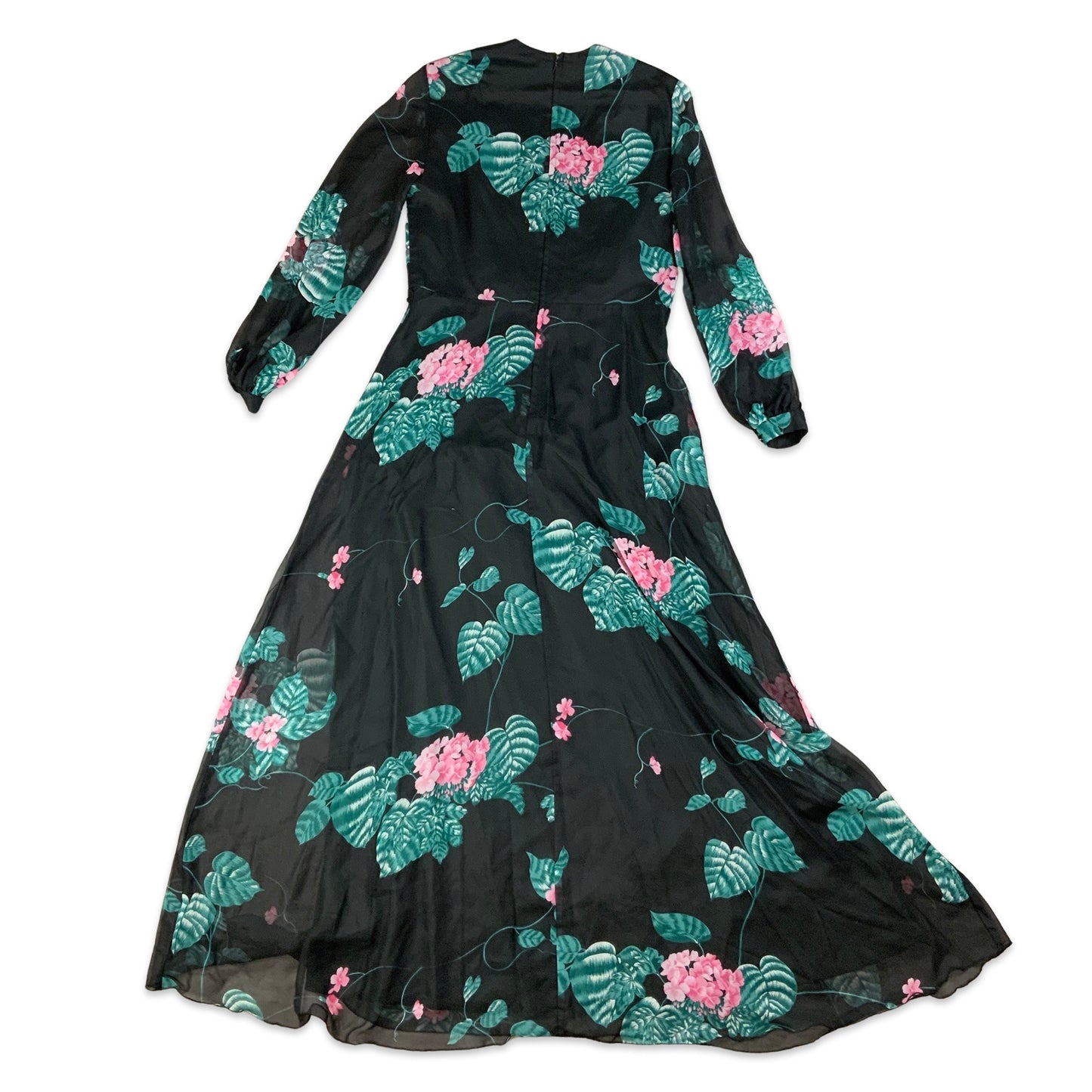 Vintage 70s Black Pink & Green Floral Maxi Dress 10 12