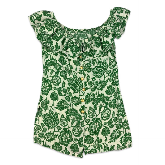 Vintage Green & White Floral Print Button-up Sleeveless Silk Blouse 8 10