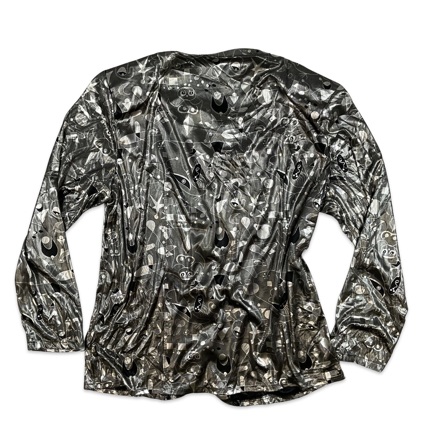 Vintage 80s Golden Gate Black Silver Lamé Metallic Gold Button-up Disco Festival Blouse Top 12 14 16