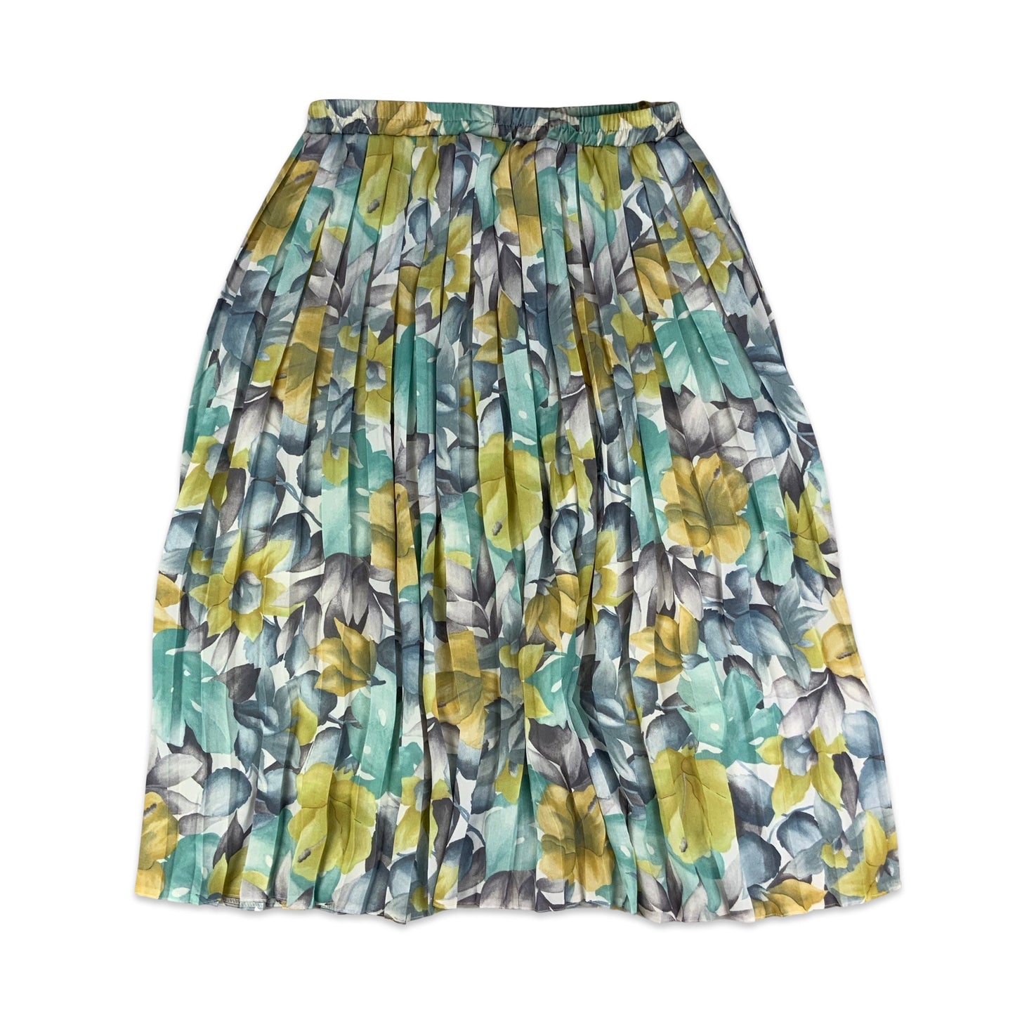 Vintage Blue & Yellow Floral Print Pleated Maxi Skirt 10 12 14 16