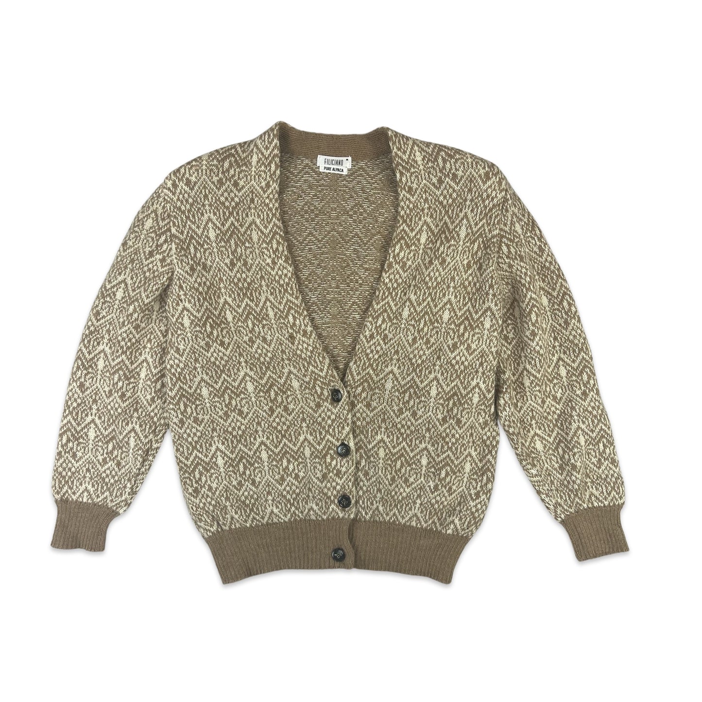 Vintage Mohair Cardigan Beige Chevron Patterned 12 14