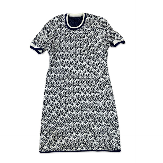 60s 70s Mod A Line Vintage Geo Pattern Short Sleeved Dress Blue White 10 12 14